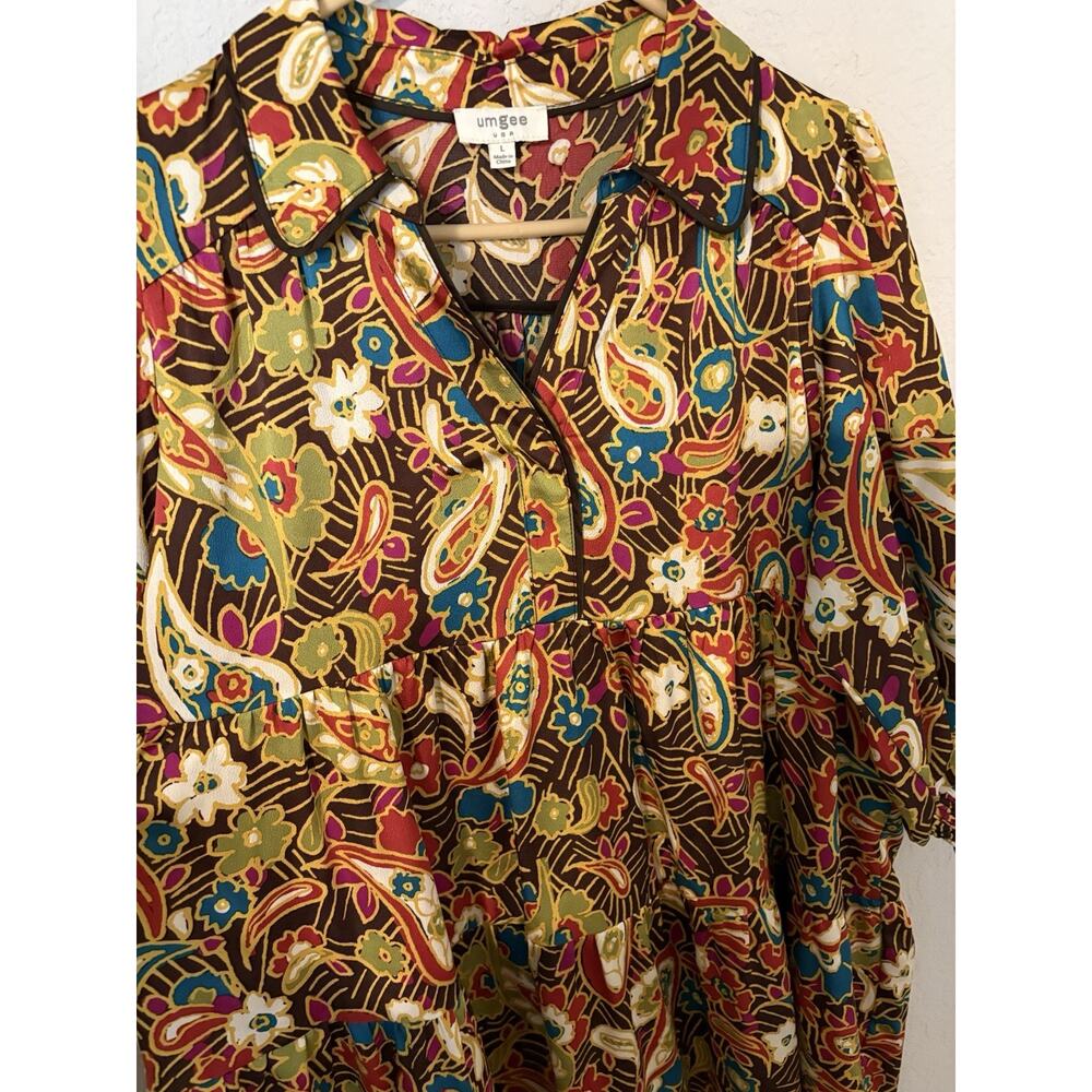 Umgee Brown Gold Paisley Silky Polyester Boho Tiered 3/4 Sleeves Maxi Dress Sz L - Picture 3 of 5